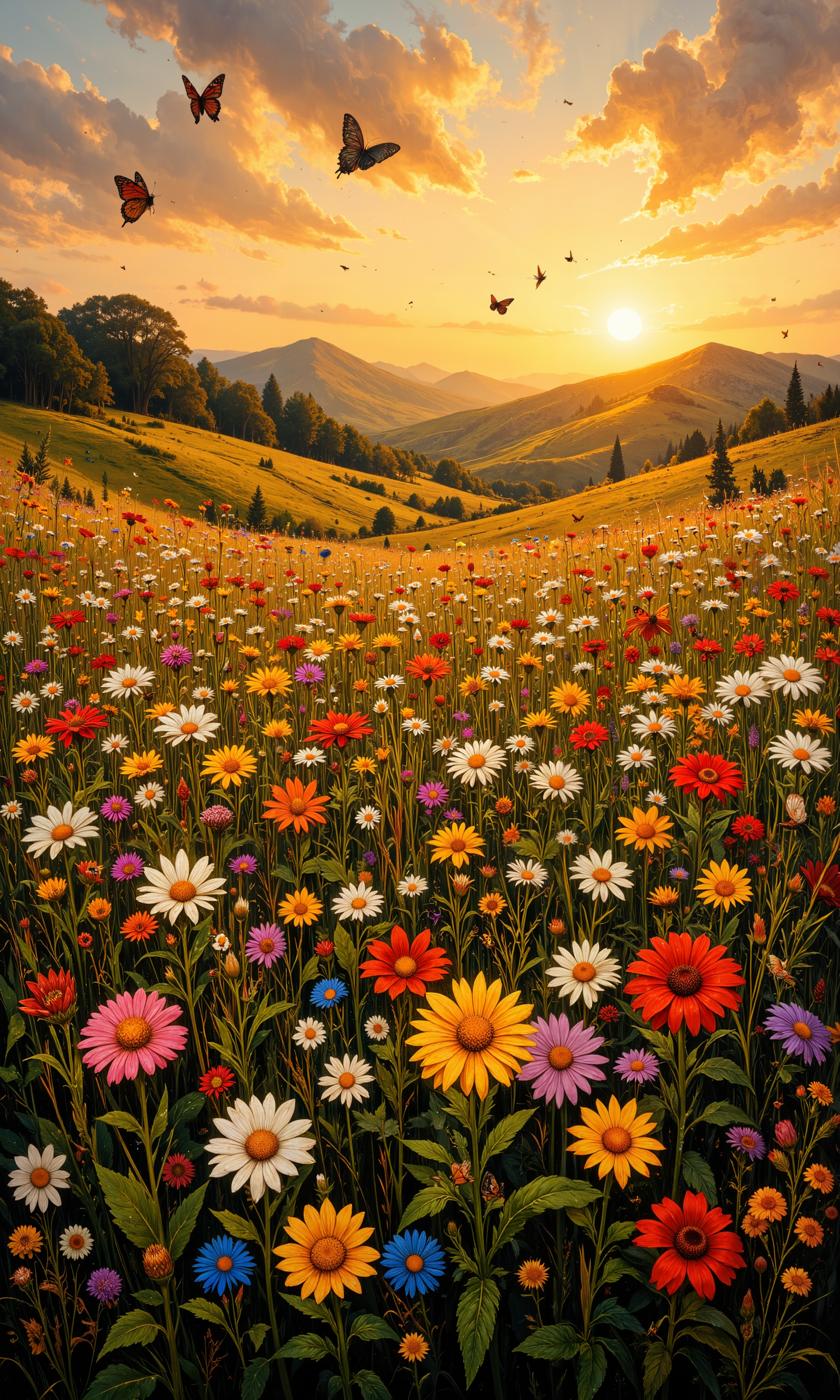 Expansive meadow, vibrant wildflowers in full bloom, diverse colors and species; golden hour lighting casting warm hues over the landscape; gentle breeze swaying the delicate petals; sporadic dew drops shimmering in the soft light; butterflies and bees flitting among flowers; rolling hills in the distance, silhouettes against a brilliant sunset sky; intricate foreground textures of grasses and herbs; tranquil, serene ambiance; elements of nature interacting harmoniously; magical realism quality; 8k resolution, breathtaking masterpiece composition. <lora:FluxMythAn1meL1nes:0.6> <lora:Memadukan_Brush_Strokes_of_Fineart:0.6> <lora:flux_dev:1>