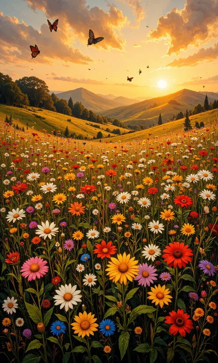 Expansive meadow, vibrant wildflowers in full bloom, diverse colors and species; golden hour lighting casting warm hues over the landscape; gentle breeze swaying the delicate petals; sporadic dew drops shimmering in the soft light; butterflies and bees flitting among flowers; rolling hills in the distance, silhouettes against a brilliant sunset sky; intricate foreground textures of grasses and herbs; tranquil, serene ambiance; elements of nature interacting harmoniously; magical realism quality; 8k resolution, breathtaking masterpiece composition. <lora:FluxMythAn1meL1nes:0.6> <lora:Memadukan_Brush_Strokes_of_Fineart:0.6> <lora:flux_dev:1>