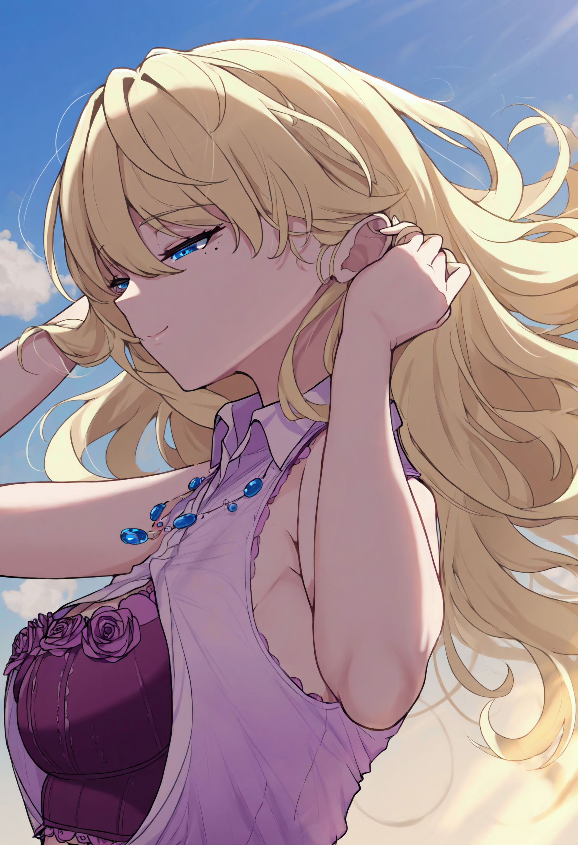 solo, 1girl, <lora:Char_JB_HaruderaYuria:1.0>, blue eyes, blonde hair, long hair, wavy hair, hair between eyes, mole under eye, 
purple bustier, floral print, collared shirt, sleeveless shirt, necklace,
from side, floating hair, floating clothes, wind, sky, cloud, sunlight, half-closed eyes, tucking hair, ear, smile, very awa, masterpiece, best quality, highres, absurdres