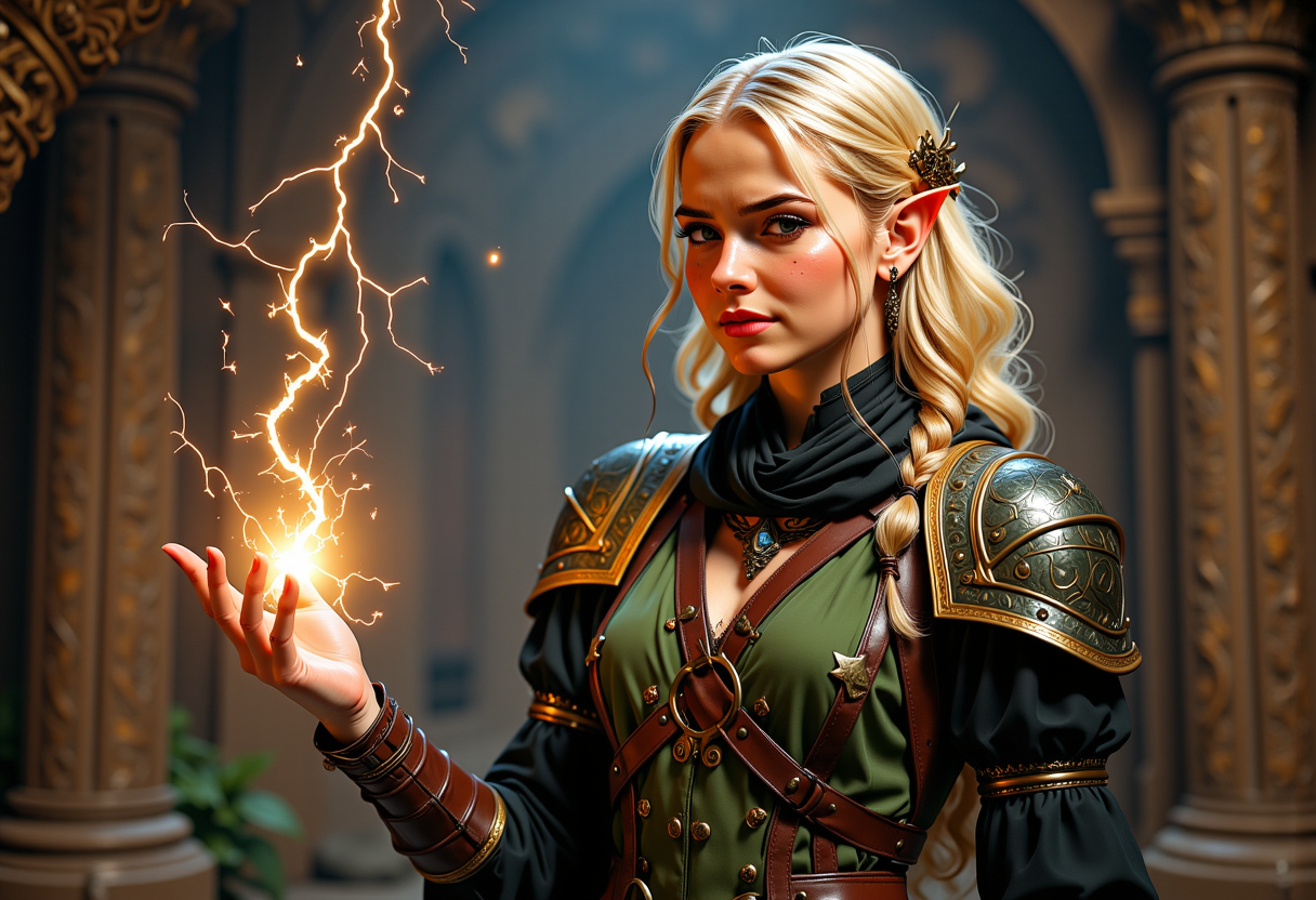 Full body view, Headshots, masterpiece, a beautiful woman, Hyperrealistic, she is smiling, dynamic angles, multiple angles, photoshoot poses; A photo of reai, a woman with blonde hair, she has massive breasts, a beautiful girl,  wearing earrings and a necklace. She is standing in a forboding evil wizards lair, she is wearing ornate green and metal armor, and leather boots. she is casting lightning, lightning is shooting from her fingertips. The scene is a forboding and dangerous, well-lit environment, with a dynamic pose and a sense of action. and the lighting is soft, creating a dramatic effect, and creating a focused and dynamic pose. The scene is set in a beautiful, well-lit environment, with a sense of action and adventure. Style: realistic hyper-detailed rendering, 32k UHD, expressive eyes, punk, graphic design, girl's face, pretty and cute, gleaming lips, telling a tale of adventure. Exuding confidence and serenity. The overall mood of the image is happy and relaxed, with detailed skin texture (blush:0.2),(goosebumps:0.3), subsurface scattering,  a playful and whimsical tone,perfect hand, hand, detailed hand,niji style,retro50s_style,

