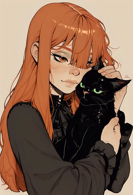 flat_colors,
dynamic pose,
1girl, 1animal,
long bangs, hair in front of eye,
freckles,
ginger hair, goth girl,
petting cat,
beautiful eyes,
black cat,
incoth, (incase:0.6), artist:moriimee,
beige background, <lora:ck-shadow-circuit-IL-000012:0.4999999999999996> <lora:ck-nc-cyberpunk-IL-000011:0.39999999999999986> <lora:MoriiMee_Gothic_Niji_Style_Illustrious_r1:0.6> <lora:incoth:0.2999999999999996>