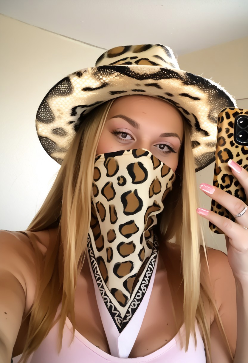score_9, score_8_up, score_7_up, score_6_up,
B4nd4n4M4sk, 1girl, solo, long hair, breasts, blonde hair, hat, holding, upper body, sleeveless, black eyes, mask, phone, cellphone, animal print, smartphone, holding phone, mouth mask, covered mouth, selfie, leopard print, looking at phone
