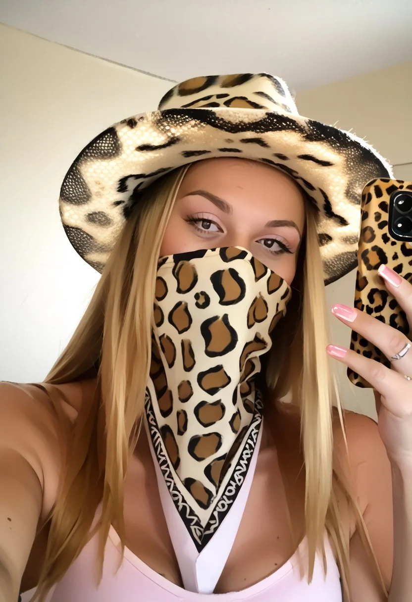 score_9, score_8_up, score_7_up, score_6_up,
B4nd4n4M4sk, 1girl, solo, long hair, breasts, blonde hair, hat, holding, upper body, sleeveless, black eyes, mask, phone, cellphone, animal print, smartphone, holding phone, mouth mask, covered mouth, selfie, leopard print, looking at phone
