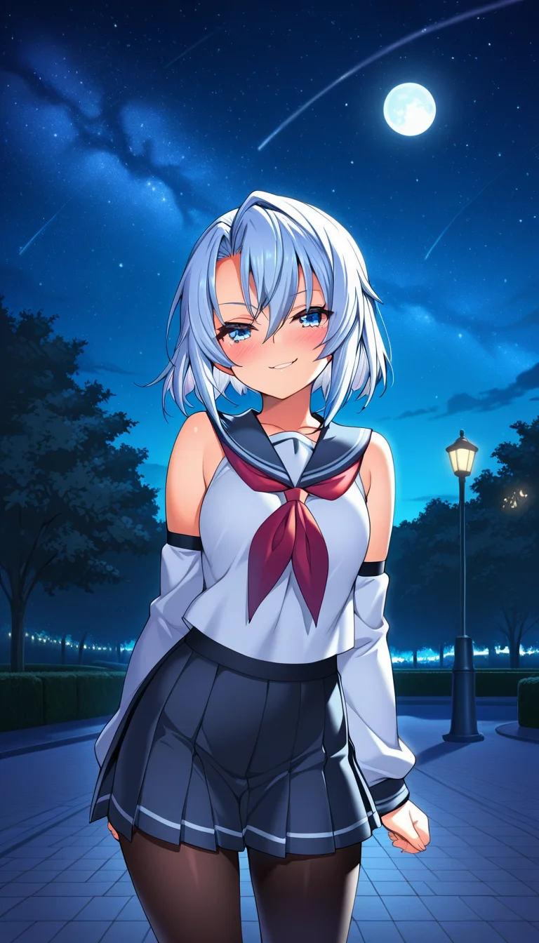 masterpiece, best quality, very aesthetic, absurdres,
solo, 1girl,
Silky Littleraisin,
smirk, blush,
School Uniform, detached sleeves, bare shoulders, black tights,
outside, park, night, stars, moon beam,
