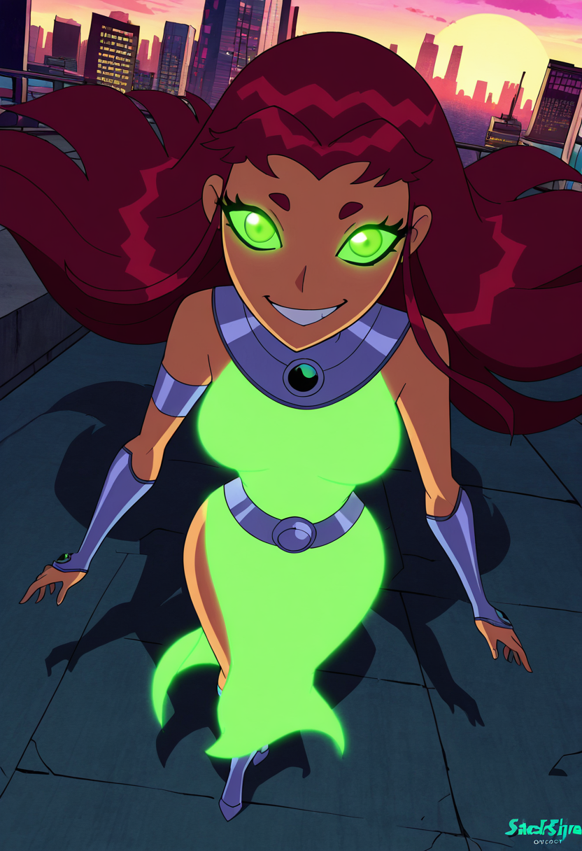 masterpiece, best quality, solo, curvy, beautiful eyes,  narrow waist, wide hips,  strfr, green eyes, red hair, long hair, colored sclera, green sclera, smile, looking at viewer,   ,       <lora:StarfireTT_IXL:1.0>,   dynamic angle, foreshortening, close up, [Cyber Glam Skyline], Glowing dress, holographic heels, neon jewelry, chrome makeup, Standing on a rooftop against a vibrant futuristic skyline, immersed in sci-fi ambiance.