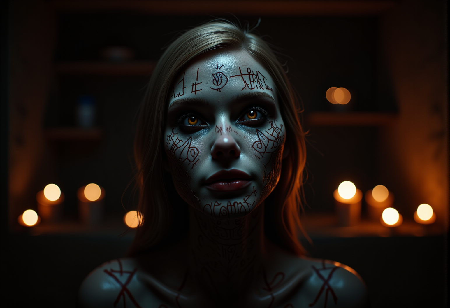 . A close-up shot of a cursed oracle, seen from above creating a mysterious and haunting look, her lips cracked and darkened with old, dried blood, with faintly sharpened teeth, her skin showing scarred areas, some fresh and others old and healed over, adding to her grim appearance, lit by soft, flickering candlelight, casting deep shadows across her face, <lora:bv-demonic-skin-runes.safetensors:0.7000000000000001:0.7000000000000001>