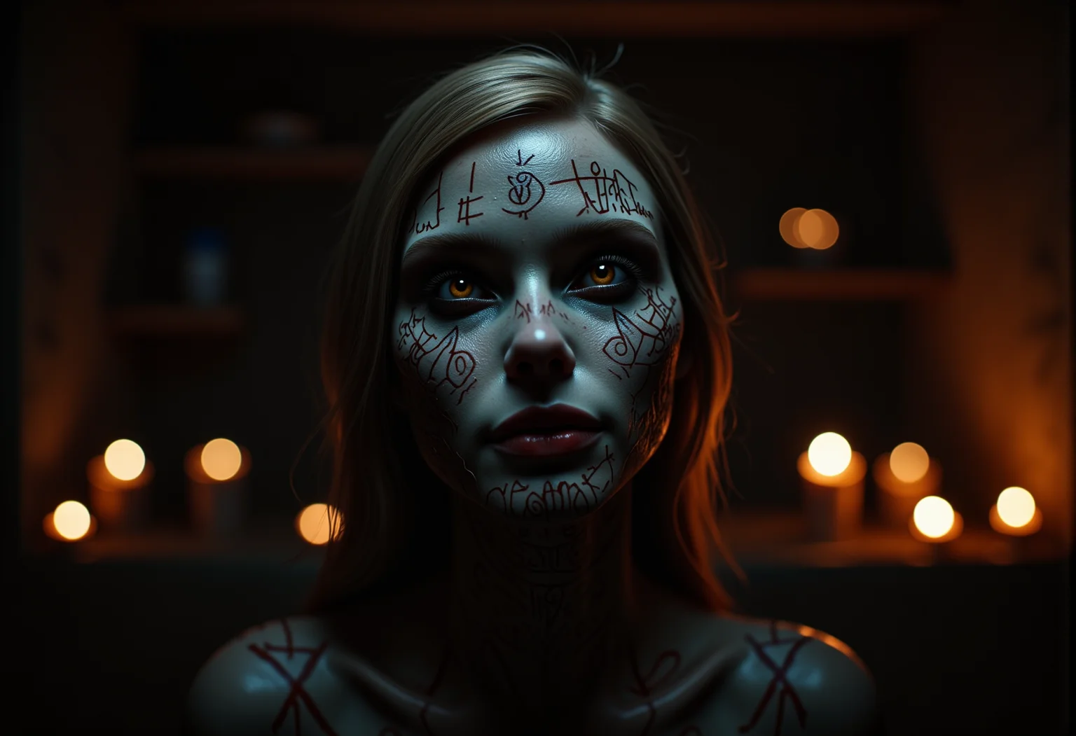 . A close-up shot of a cursed oracle, seen from above creating a mysterious and haunting look, her lips cracked and darkened with old, dried blood, with faintly sharpened teeth, her skin showing scarred areas, some fresh and others old and healed over, adding to her grim appearance, lit by soft, flickering candlelight, casting deep shadows across her face, <lora:bv-demonic-skin-runes.safetensors:0.7000000000000001:0.7000000000000001>
