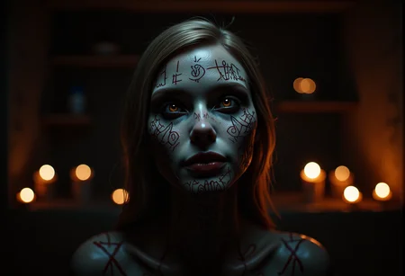 . A close-up shot of a cursed oracle, seen from above creating a mysterious and haunting look, her lips cracked and darkened with old, dried blood, with faintly sharpened teeth, her skin showing scarred areas, some fresh and others old and healed over, adding to her grim appearance, lit by soft, flickering candlelight, casting deep shadows across her face, <lora:bv-demonic-skin-runes.safetensors:0.7000000000000001:0.7000000000000001>