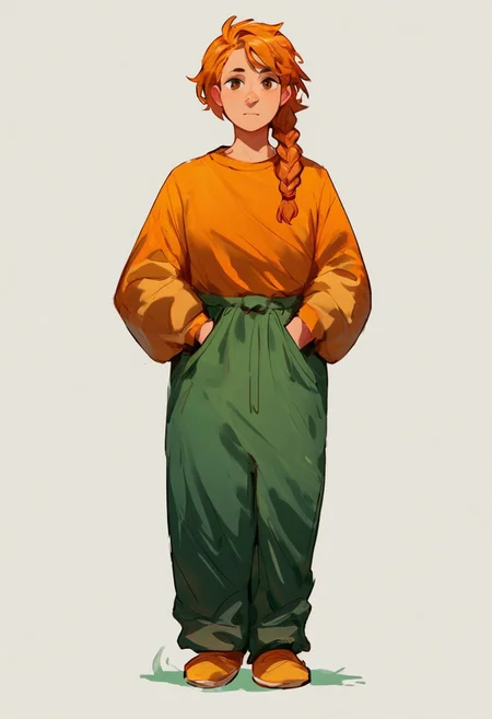 score_9, score_8_up, score_7_up, adult woman, mid 50 years, black hair, single braid, orange hair, brown eyes, orange collored shirt, looking at viewer, standing up, full body, front view, with a white background, timid expression