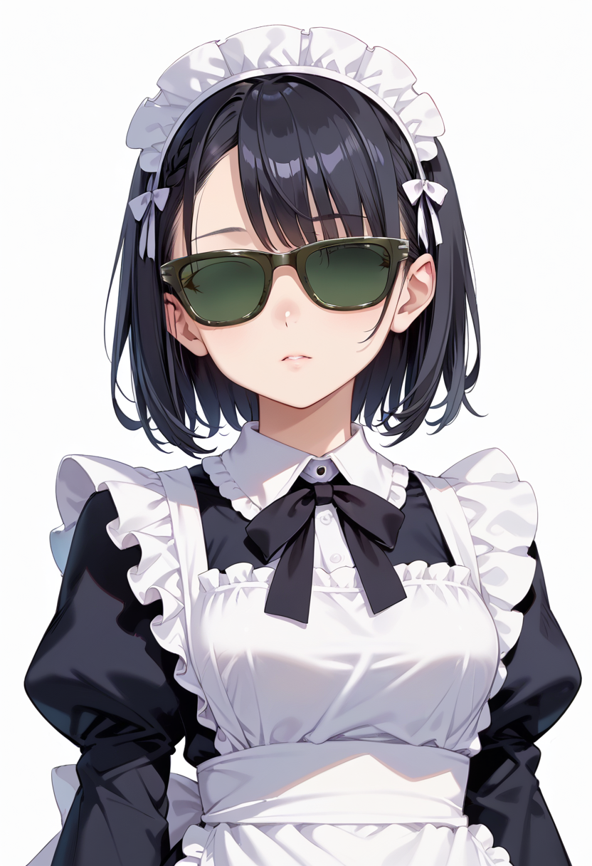score_9, score_8_up, score_7_up, rating_safe, masterpiece, best quality, absurdres, unity 8k wallpaper, official art, official style, source_anime, uncensored, game cg, megami magazine,
1girl, solo, black hair, medium hair, upper body, covered eyes,maid, maid headdress, black dress, maid apron, face focus,
sg_WAYFARER, sunglasses, covered eyes, white background, simple background, darkgreen tinted eyewear, 
 <lora:glasses_wayfarer_PONY_V1:1>