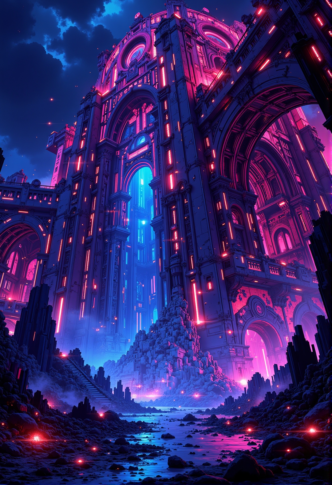 <lora:ck-ghost-reaper-000015:0.9>, This is a digital artwork in the style of ckgr, architectual structure, colossal scale, epic composition, at night, neon lit, bioluminecent