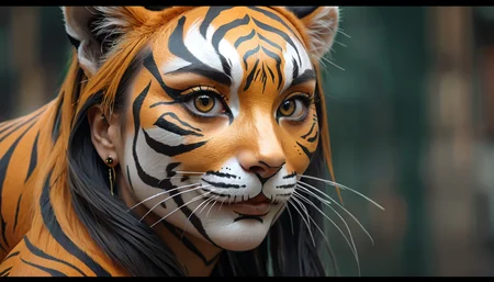 positiv Clip L:
 an award-winning, cartoon, of a woman with her face painted like a tiger, tiger face, tiger tail, intricate, highly detailed, smooth, artstation, digital illustration by Ruan Jia and Mandy Jurgens and Artgerm and Wayne Barlowe and Greg Rutkowski and Zdislav Beksinski 
positiv Clip G:
 an award-winning, cartoon, of a woman with her face painted like a tiger, tiger face, tiger tail, intricate, highly detailed, smooth, artstation, digital illustration by Ruan Jia and Mandy Jurgens and Artgerm and Wayne Barlowe and Greg Rutkowski and Zdislav Beksinski