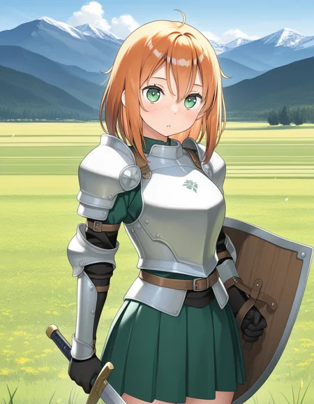 (k4nt0ku), <lora:1_illu_kantoku_5e:1>, 1girl, armor, sword and shield, skirt, freckles, orange hair, medium hair, green eyes, field, mountains, (masterpiece, best quality, amazing quality),