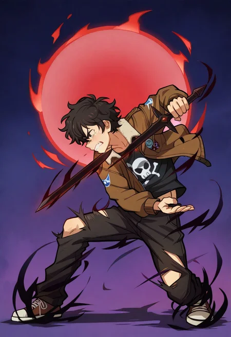 masterpiece, best quality, amazing quality, Bokun art style, male focus, solo, from side,
BREAK 1boy, cute boy, Nico, Pale Skin, Black Hair, Messy Hair, Dark Brown Eyes, Black T-Shirt, Skull T-Shirt, Aviator Jacket, torn black pants, clenched teeth, fighting stance, holding black sword, (black aura:1.3), hunched over, wind lift, energy barrier, tears, angry,