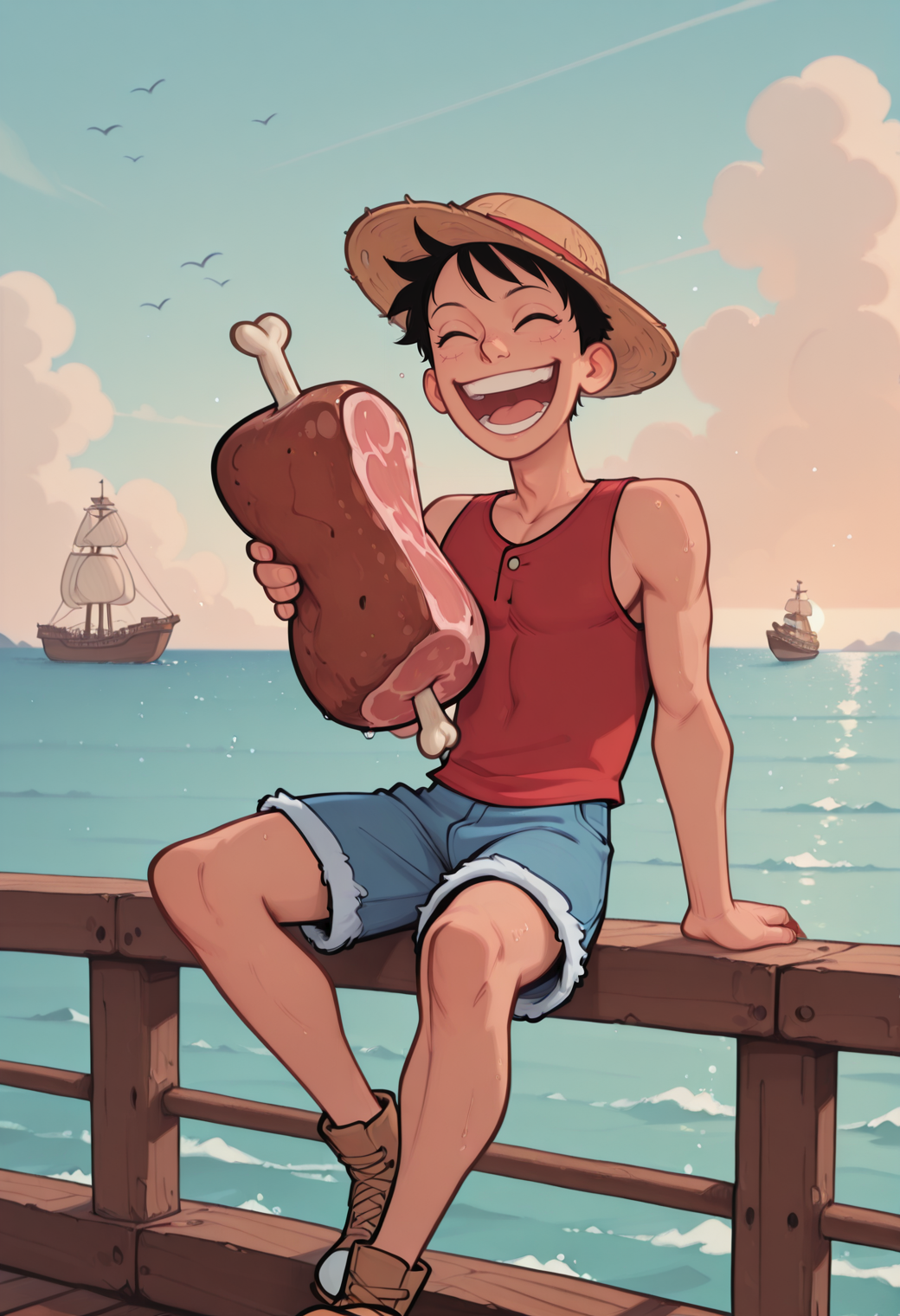 smoove,
1boy, solo,
luffy_(one_piece), happy, having fun, laughing,
red vest, straw hat, blue shorts with white fluffy trim,
sitting on railing_(ship), ocean, 
holding big tasty haunch of meat,
 <lora:Smoove_-_Bridgetoons_v2:1>, masterpiece, best_quality, amazing_quality, very_aesthetic, 8k, high_quality, highres, absurdres, subject_focus,