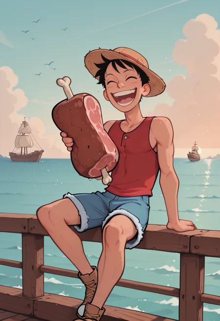 smoove,
1boy, solo,
luffy_(one_piece), happy, having fun, laughing,
red vest, straw hat, blue shorts with white fluffy trim,
sitting on railing_(ship), ocean,
holding big tasty haunch of meat,
<lora:Smoove_-_Bridgetoons_v2:1>, masterpiece, best_quality, amazing_quality, very_aesthetic, 8k, high_quality, highres, absurdres, subject_focus,