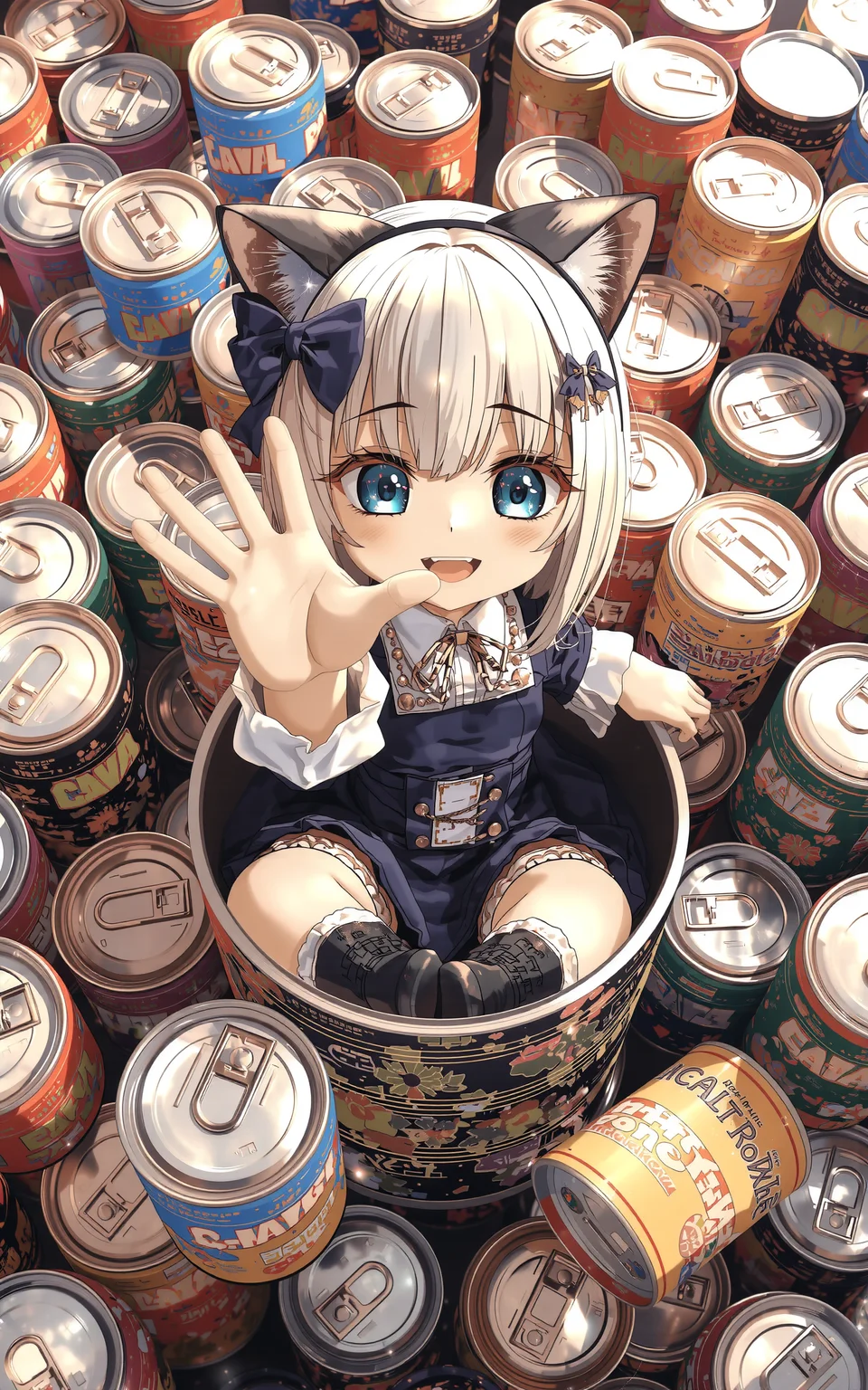 Animation style, A cute anime-style catgirl sitting inside a tin can, viewed from a top-down angle. She is making an adorable and playful pose towards the camera, her fluffy cat ears and cheerful expression creating a charming appeal. The background is filled with numerous colorful tin cans, creating a vibrant and whimsical scene. Ultra-detailed, photorealistic rendering, intricate textures on the cans and her outfit, vibrant lighting enhances the playful atmosphere. <lora:aidmaMJ6.1v0.4:0.8> aidmaMJ6.1
