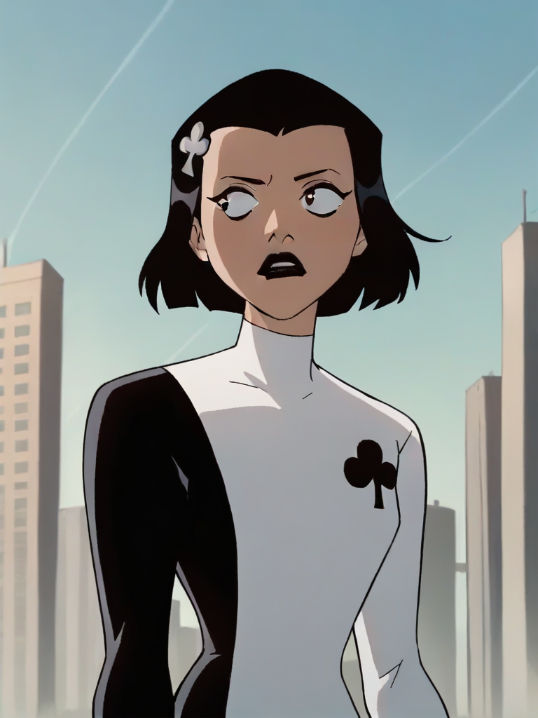<lora:AcePony1.0:0.85> ace, 1girl, black hair, solo,  white leotard, short hair, hairclip, black lipstick, long sleeves, bob cut, looking to the side,simple background, upper body, cowboy shot,score_9, score_8_up, score_7_up, score_6_up, score_5_up, score_4_up city, cityscape,