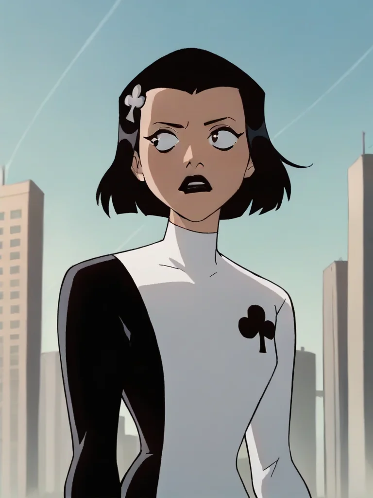 <lora:AcePony1.0:0.85> ace, 1girl, black hair, solo, white leotard, short hair, hairclip, black lipstick, long sleeves, bob cut, looking to the side,simple background, upper body, cowboy shot,score_9, score_8_up, score_7_up, score_6_up, score_5_up, score_4_up city, cityscape,