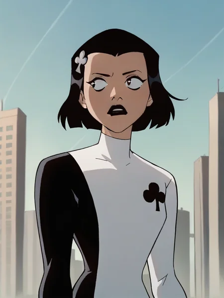 <lora:AcePony1.0:0.85> ace, 1girl, black hair, solo, white leotard, short hair, hairclip, black lipstick, long sleeves, bob cut, looking to the side,simple background, upper body, cowboy shot,score_9, score_8_up, score_7_up, score_6_up, score_5_up, score_4_up city, cityscape,