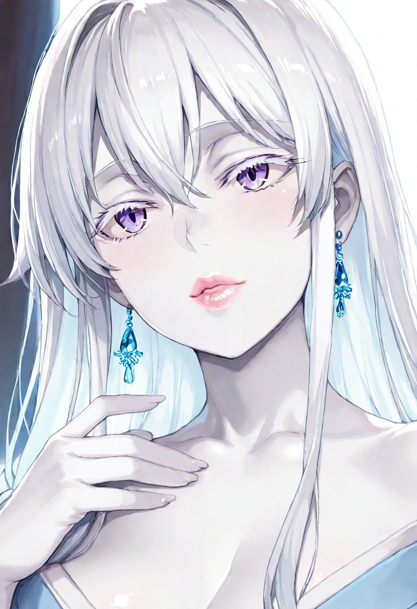 1girl, Yuki-Onna, Yukinoshita Yukino \(oregair\),, adult woman, earrings, masterpiece, blue kimono, hand up, , long hair, white hair, long hair, colored skin, (white skin:1.3), luscious lips, lip gloss, portrait, colored eyelashes, backlighting, purple eyes, goddess, glossy skin,