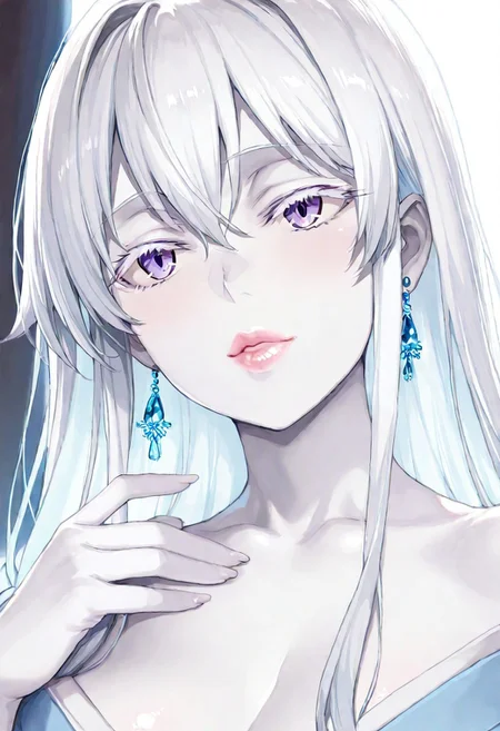 1girl, Yuki-Onna, Yukinoshita Yukino \(oregair\),, adult woman, earrings, masterpiece, blue kimono, hand up, , long hair, white hair, long hair, colored skin, (white skin:1.3), luscious lips, lip gloss, portrait, colored eyelashes, backlighting, purple eyes, goddess, glossy skin,