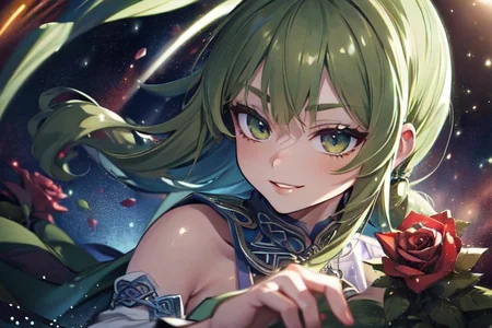 (masterpiece:1.4), 4K8K, (anime style), (high shutterspeed:1.4), (sharp edges),
SyFyEye1, FanFo,
1woman hands togather, leaning foward, face focus, smile, closed mouth,
wearing Celtic style dress, (Detailed face, Detailed eyes, Detailed lips), (solo),
olive hair, any colored roses, Fantastic, turf,