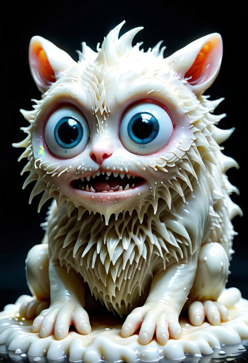 the creepiest yet cutiest creature with big kawaii eyes made out of White wax ever known to man
