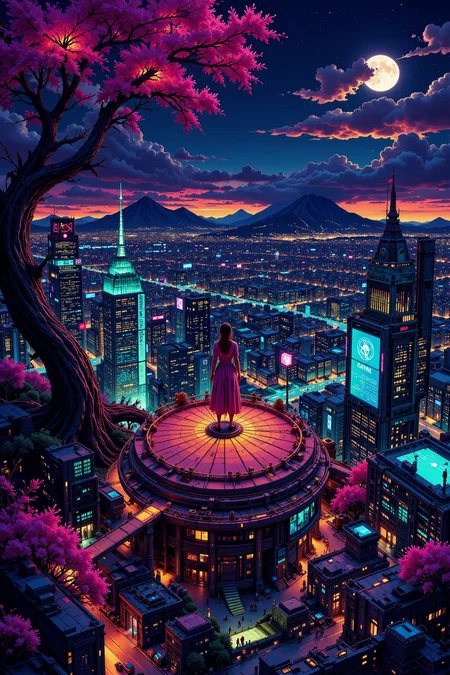 aerial view, dusk, woman, very intricate, very detailed, sharp, bright, colorful, <lora:Hand v2:0.5> <lora:Anti-Blur:1><lora:Insane Detail Slider:0.25>  <lora:flux.1_lora_flyway_Epic-detail_v2:0.3> <lora:fluxenhancer:0.25><lora:ck-Neon-Retrowave:0.4> ck-rw, in the style of ck-rw,  <lora:Neurocore Anime Cyberpunk:0.8> A digital artwork in the style of cknc