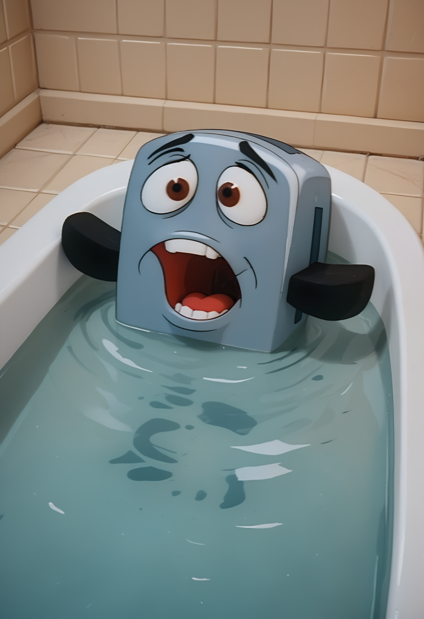 score_9, score_8_up, score_7_up, br4vet0aster, robot, 1other, solo, bathtub, partially submerged, screaming, open mouth