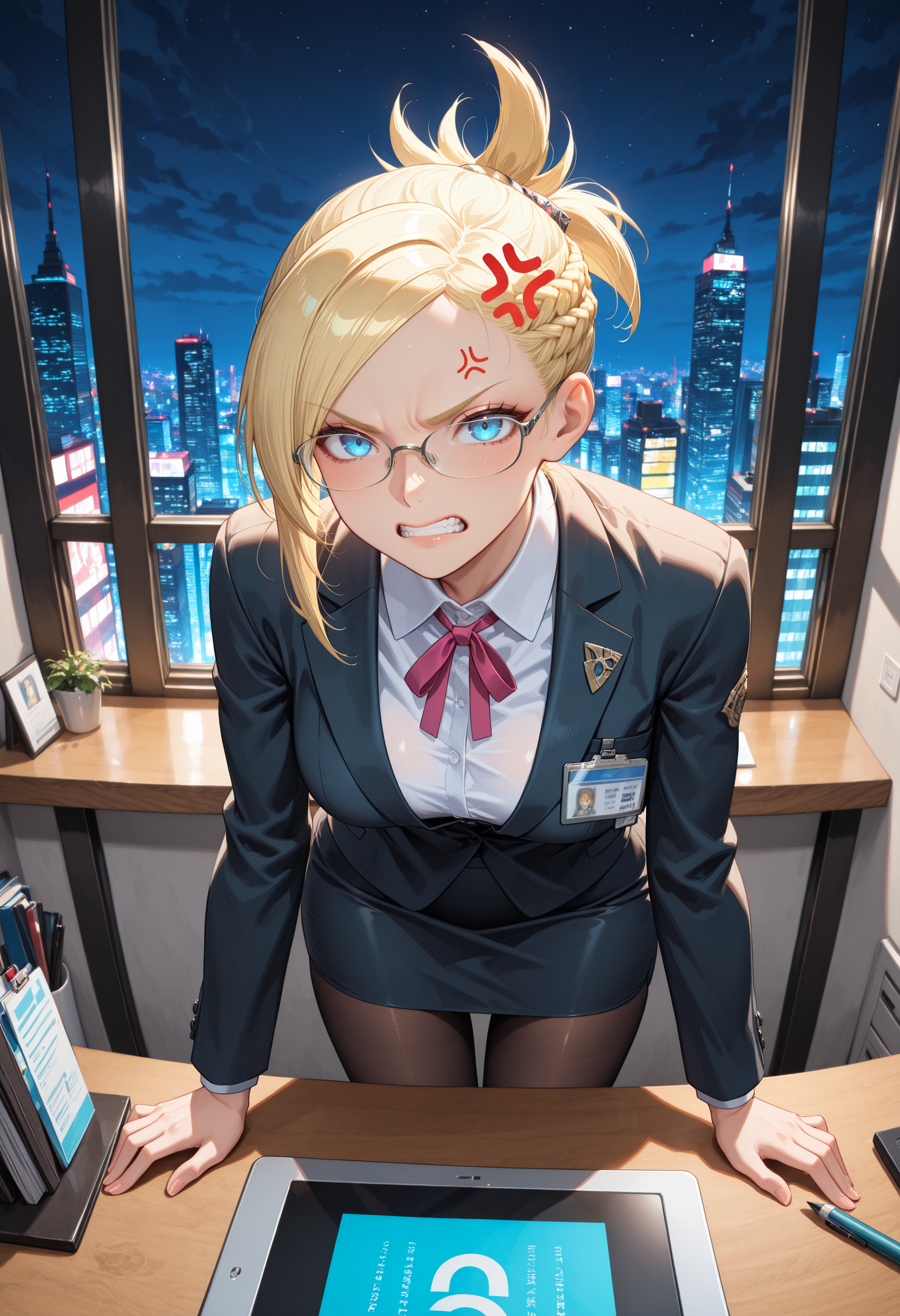 masterpiece, best quality, absurdres, highres, newest,<lora:cfg_scale_boost:.7> ,
1girl, solo, looking at viewer, 
desk, window, cityscape, night, (pov across desk:1.5), leaning forward, glaring,
indoors,office, office lady, suit, pencil skirt, pantyhose, neck ribbon, holding, holding tablet pc, high heels, anger vein,  id card, glasses, mad, clenched teeth,
 <lora:Minfilia_Warde_IL:1> minfilia, short hair, blue eyes, blonde hair, short ponytail, braid, medium breasts,