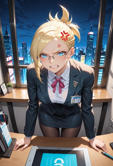 masterpiece, best quality, absurdres, highres, newest,<lora:cfg_scale_boost:.7> ,
1girl, solo, looking at viewer, 
desk, window, cityscape, night, (pov across desk:1.5), leaning forward, glaring,
indoors,office, office lady, suit, pencil skirt, pantyhose, neck ribbon, holding, holding tablet pc, high heels, anger vein,  id card, glasses, mad, clenched teeth,
 <lora:Minfilia_Warde_IL:1> minfilia, short hair, blue eyes, blonde hair, short ponytail, braid, medium breasts,