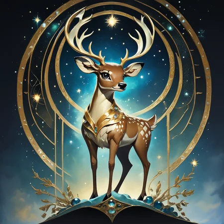core_9, score_8_up, score_7_up, <lora:Art_DecoPony:1>, ArsMJStyle, Art Deco, The image shows a painting of a deer with antlers standing in front of a gold and blue background. The deer is depicted in a majestic pose with its head held high and its antlers reaching up towards the sky. The background is a deep blue with a few stars twinkling in the night sky., no humans, pokemon (creature), solo, full body, looking at viewer, closed mouth, brown eyes