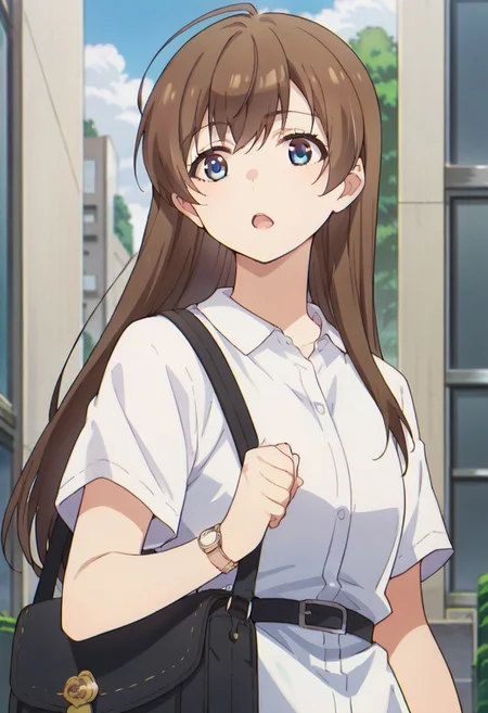 score_9, score_8_up, score_7_up, source_anime,fuuka sasaki, 1girl, solo, long hair, open mouth, blue eyes, brown hair, shirt, white shirt, upper body, short sleeves, outdoors, bag, watch, wristwatch