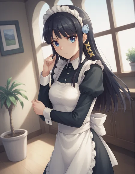 score_9,score_8_up,score_7_up,score_6_up,score_5_up,source anime BREAK,
1girl, solo, shiba miyuki, black hair, blue eyes, long hair, hair ornament,
clothed,indoors,potted plant,window,sunlight,looking at viewer,serious,dutch angle,maid uniform,scenery,
 <lora:ShibaMiyuki-000007_compressed:0.9>