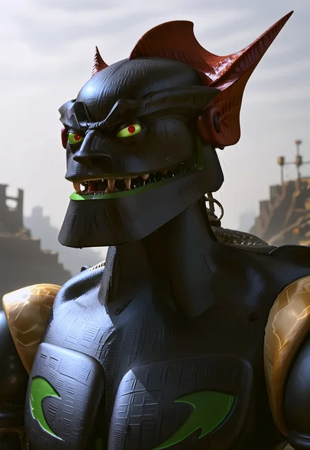 score_9, score_8_up, score_7_up, BREAK m3g4byt3, humanoid robot, 1boy, solo, standing, angry, weapon, claws, fangs, upper body, looking at viewer, three quarter view, science fiction,