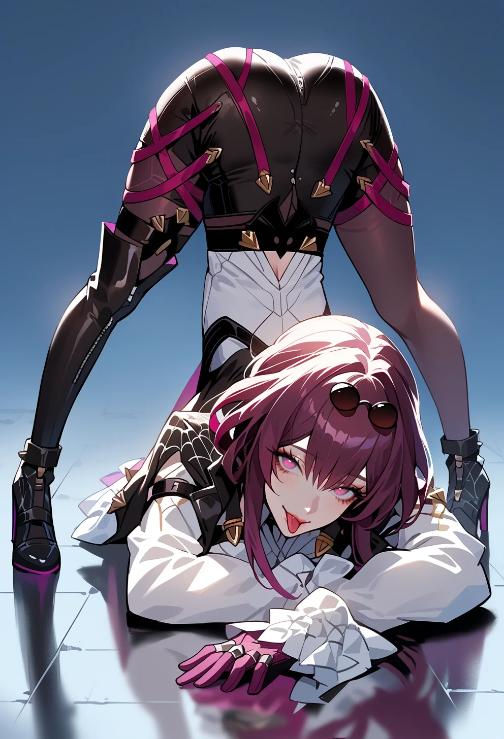 score_9, score_7_up, source_anime, BREAK solo, top-down bottom-up, jack-o' challenge, <lora:AEKafka:1> aekafka, jacket on shoulders, collared shirt, arm belt, chest harness, purple gloves, black shorts, high-waist shorts, pantyhose under shorts, purple pantyhose, thigh strap, asymmetrical footwear, single thigh boot, black footwear, high heel boots, sunglasses, seductive smile, tongue out,