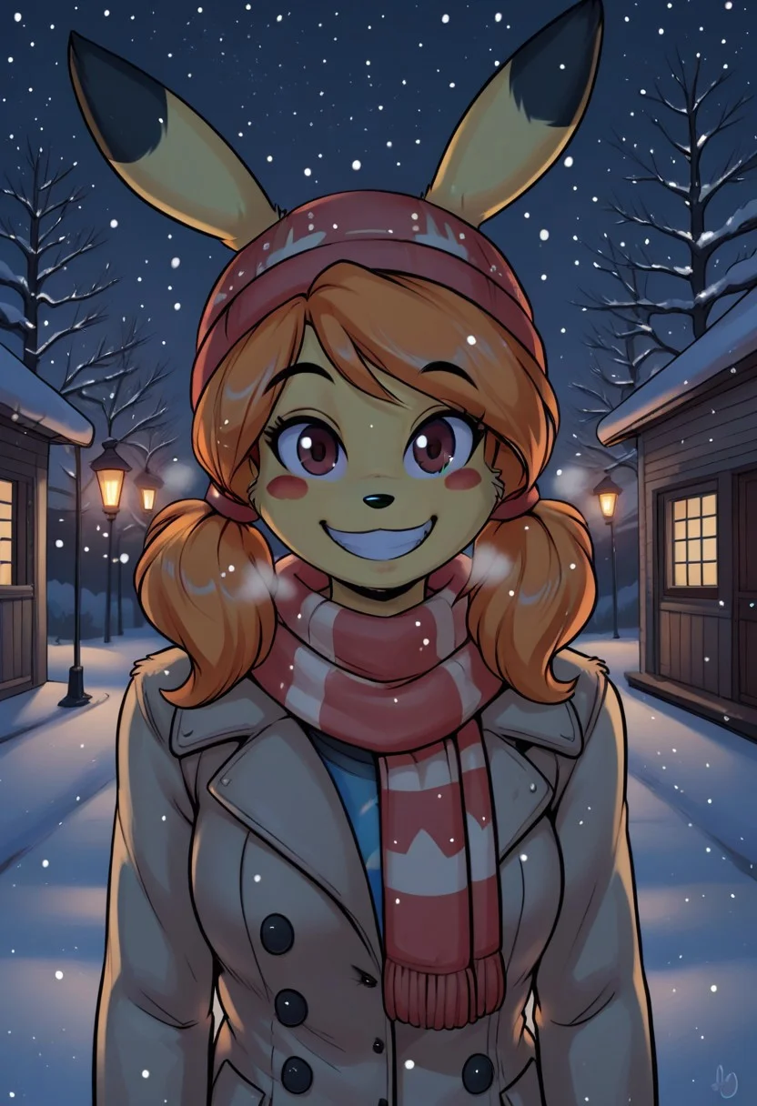 score_9, score_8_up, score_7_up, score_6_up, score_5_up, score_4_up, outdoors, snow, winter, coat, breasts, happy, night, cabin, street, chuDuckdraw, pikachu, orange hair, pigtails, futa, yellow fur, brown eyes, blush stickers, furry, looking at viewer, smile, beanie, scarf, visible breath, close up, streetlight