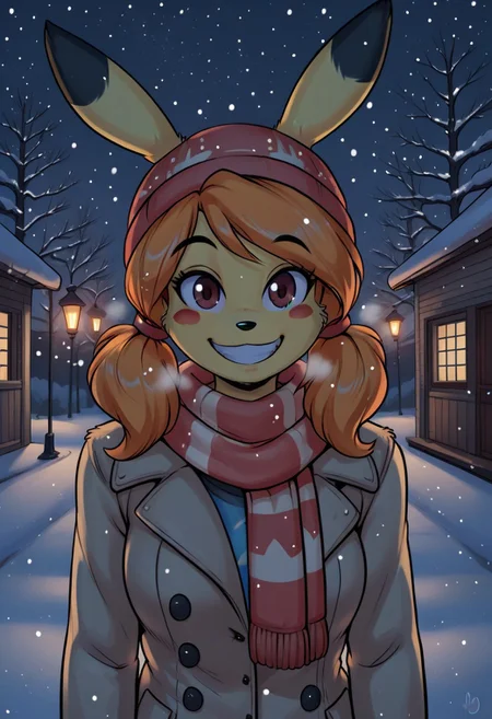 score_9, score_8_up, score_7_up, score_6_up, score_5_up, score_4_up, outdoors, snow, winter, coat, breasts, happy, night, cabin, street, chuDuckdraw, pikachu, orange hair, pigtails, futa, yellow fur, brown eyes, blush stickers, furry, looking at viewer, smile, beanie, scarf, visible breath, close up, streetlight