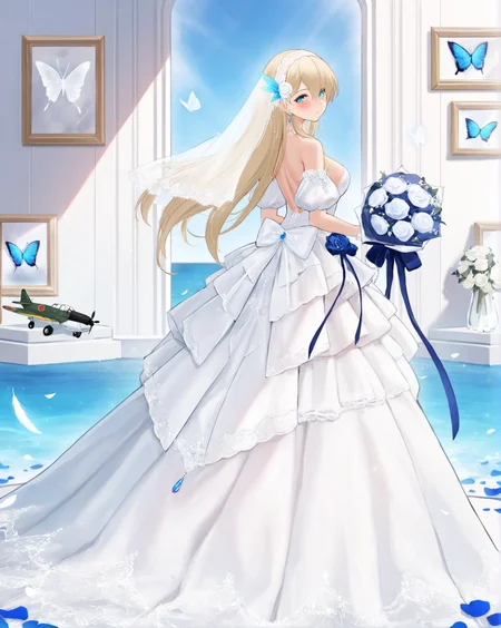 Lexington (CV-16) (Beloved) (normal) (Warship Girls R),vase,photo (object),1girl,long hair,blonde hair,blue eyes,holding,breasts,white butterfly,picture frame,looking at viewer,dress flower,hair ornament,jewelry,bare shoulders,gloves,lace trim,layered dress,gem,large breasts,white gloves,bride,looking back,blue gemstone,petals,detached sleeves,strapless,strapless dress,white transparent butterfly,white dress,blue feather hair ornament,wedding dress,solo,bug,bouquet,holding bouquet,hairband,white hairband,lace hairband,long dress,gown,feather hair ornament,feathers,blue feathers,backless dress,backless outfit,flower,blue flower,white flower,rose,white rose,full body,TA-4J,model airplane,white wedding dress,white bow,bow,back bow,ribbon,blue ribbon,earrings,blush,hair flower,ocean,lace bow,dress bow,satin dress,veil,standing,puffy sleeves,puffy detached sleeves,puffy short sleeves,official alternate costume,frilled dress,frills,display,glass,<lora:Lexington (CV-16) (Beloved) (Warship Girls R)v1.0-000010:1>,