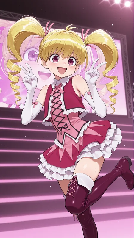 masterpiece, best quality, amazing quality, 1girl, solo, <lora:IlluBiscuit:1> illubiscuit, purple eyes, blonde hair, drill hair, twintails, idol clothes, smile, open mouth, double v, standing on one leg, thigh boots, miniskirt, vest, bare shoulders, elbow gloves, stage,