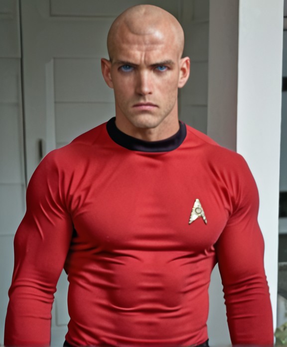 1boy, 20 year old male, Handsome, masculine, blonde, star trek, red shirt, muscle,  tall, tight shirt, wide pectorals, big shoulders, wide shoulders, muscular neck, German, bald, big pale blue eyes, abs, biceps, scowling facial expression, phaser, hand,

stunf, star trek uniform,