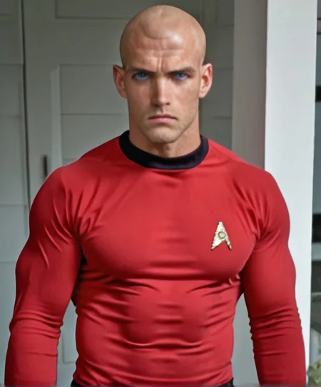 1boy, 20 year old male, Handsome, masculine, blonde, star trek, red shirt, muscle, tall, tight shirt, wide pectorals, big shoulders, wide shoulders, muscular neck, German, bald, big pale blue eyes, abs, biceps, scowling facial expression, phaser, hand,
stunf, star trek uniform,