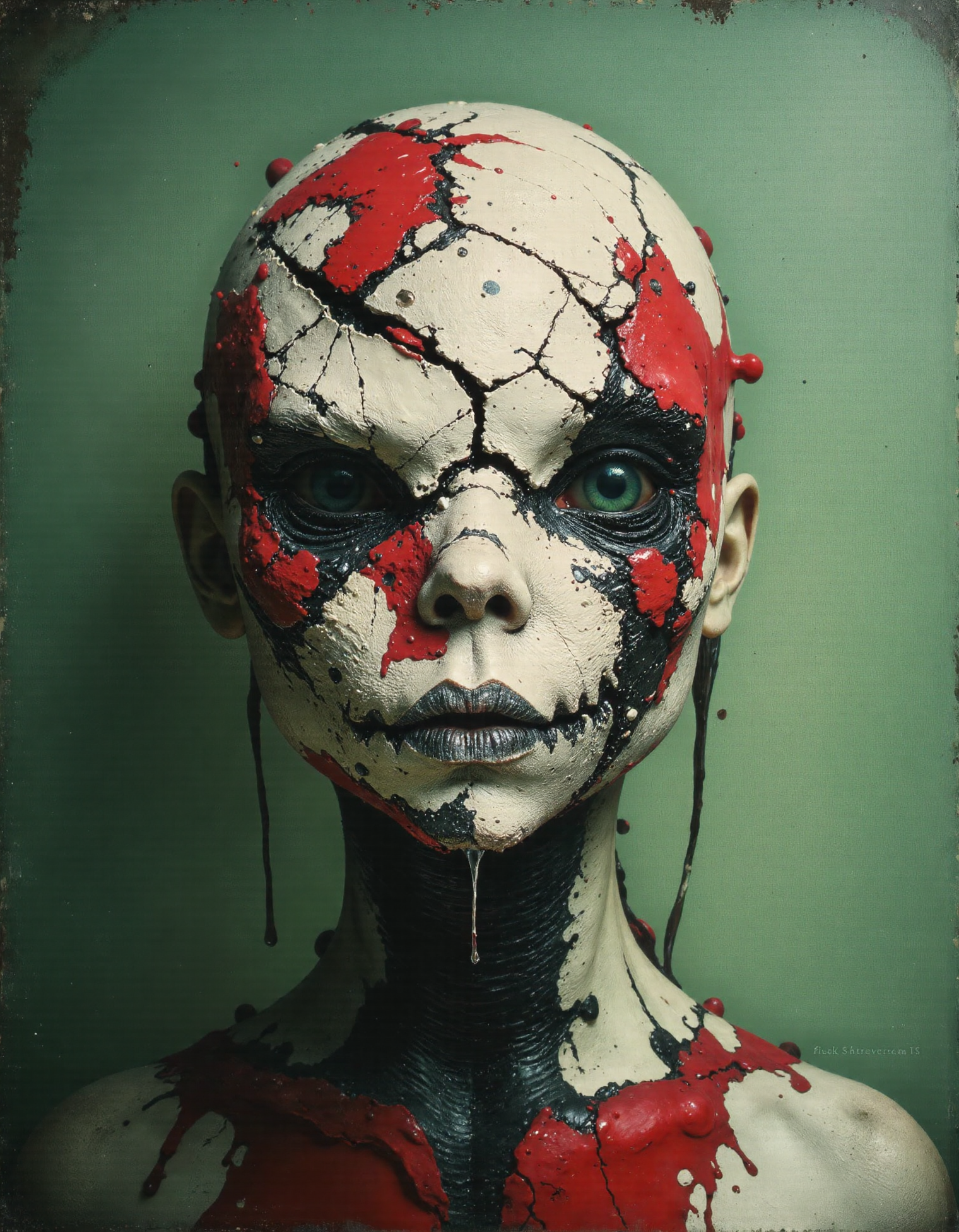 An oil painting in green, red, black, and white colors, depicting a waist-up portrait of a creature with a strange, flat mask that has no visible face. The mask is cracked and weathered, with black liquid oozing through the fissures, adding a sinister and unsettling effect. The creature's form is partially obscured by the abstract and textured mask, which contrasts sharply with the background colors. The painting captures the eerie and mysterious nature of the creature, with the cracked mask and flowing black liquid enhancing its dark, enigmatic presence. <lora:- Flux1 - soothing_atmo_V2.0:0.9>, In the corner there is a small inscription "fuck hue", like the authorâs signature.