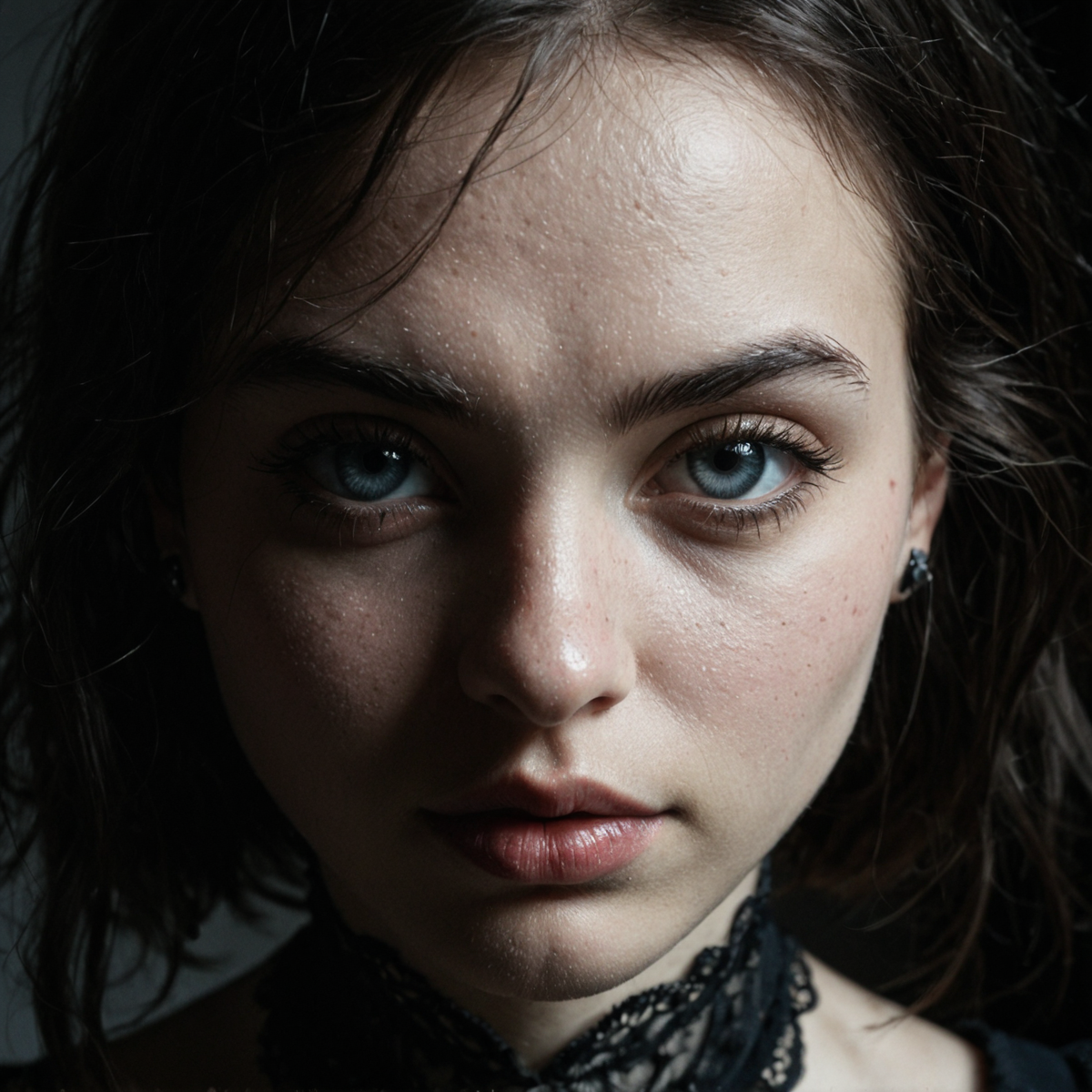 dramatic light illumination, pale gothic girl, face closeup