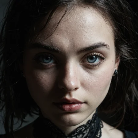 dramatic light illumination, pale gothic girl, face closeup