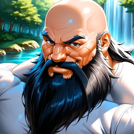 source_anime, detailed background, (score_9, score_8_up, score_7_up), zoroj, masterpiece, best quality, high quality, ultra detailed, highly detailed, high detail, artistic lighting, (highly detailed face, (perfect face, perfect eyes)), depth of field, perfect soft lighting, best shadows, perfect reflections, volumetric, detailed image, high resolution, defined faces, sharp definition,
((solo, 1boy)), male focus, Chang Koehan, bald, black eyes, black hair, facial hair, long beard, white shirt, musclebears, muscular male, bara, hyper muscles, veiny muscles,
forest, waterfall, (face shot:2.0), looking at viewer, smile,