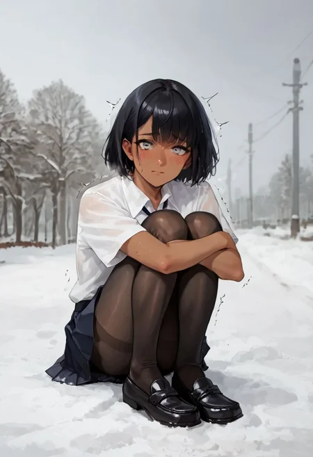 score_9, score_8_up, score_7_up, source_anime, animeirl,
1girl, solo, sitting, looking at viewer, grey eyes, black hair, medium hair, small breasts, dark skin, white shirt, collared shirt, short sleeves, pleated skirt, black pantyhose, black footwear, loafers, blush, outdoors, snow, dark clouds, shivering
