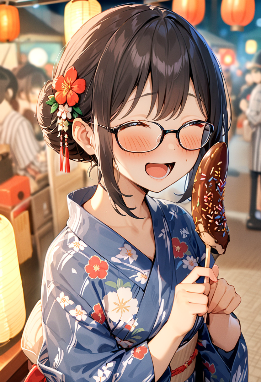 masterpiece, best quality, very aesthetic, absurdres,
chocolate banana, 1girl, solo, glasses, black hair, food, long hair, blush, holding, holding food, yukata, floral print, hair ornament, hair flower, hair bun, uchiwa, paper fan, paper lantern, night, blurry background, happy, laughing,  
<lora:chocolate_banana_SDXL_V1:1>