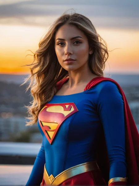 A dynamic cinematic photograph of Andrea_Michaels_P_MXAI_SDXL , wearing a supergirl costume, standing on a rooftop, windblown hair, sunset in the background,, SK_CINEMATIC, ziprealism